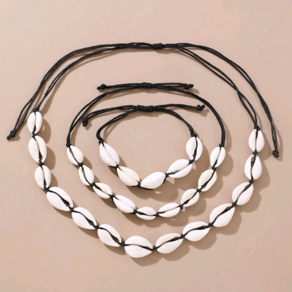 Necklace Bracelet Anklet Cowry Sea Shell Vacay Jewelry 3 Piece Set